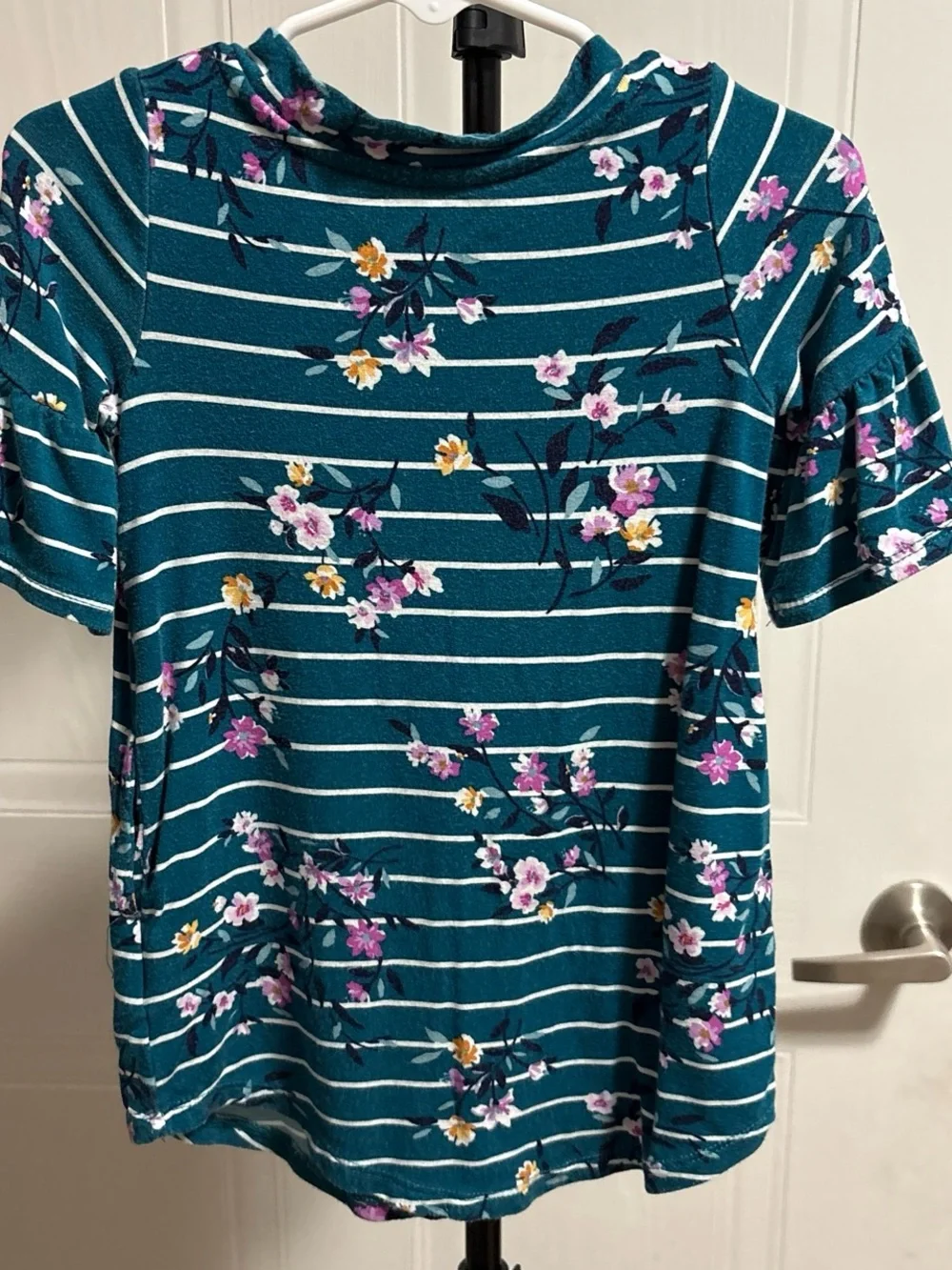 Girls' Teal Striped Floral Short Sleeve Tee